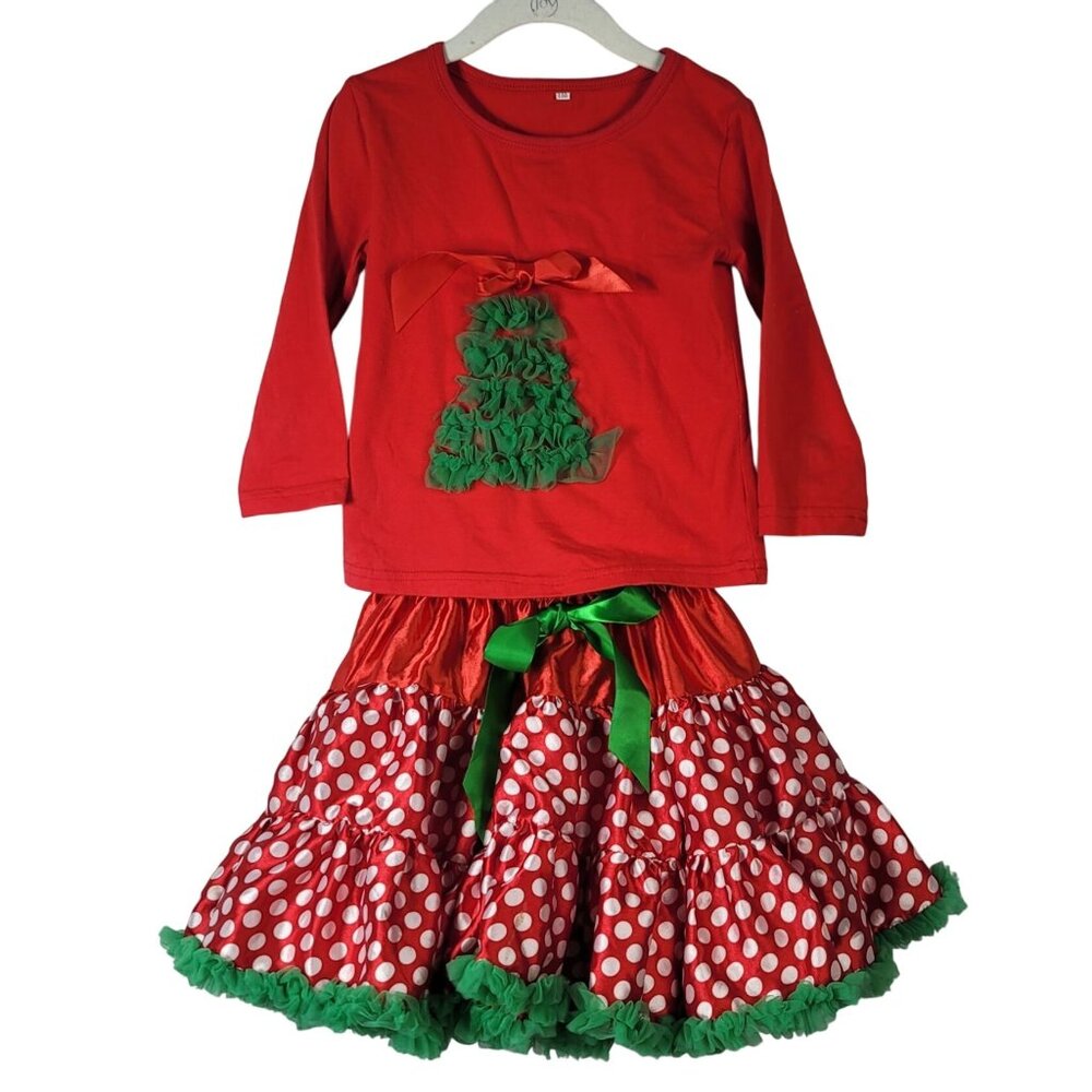 2/$15 Girls Christmas Outfit Full Skirt Red Green Size 6 130 Long Sleeve 2 Piece